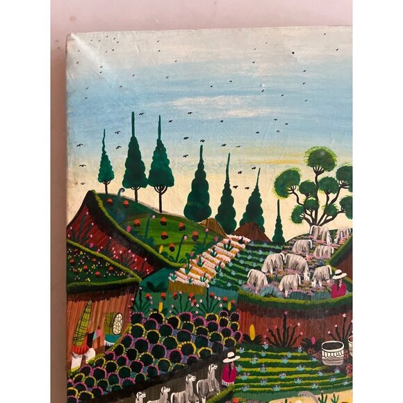 Vintage Alberto Vega Peruvian Folk Art Animal Hide Painting Bright Mid Century - Picture 6 of 11